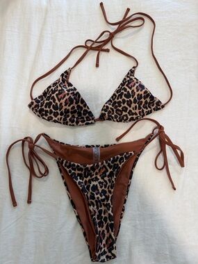New SHEIN Leopard Print Triangle Bikini with Brown Straps